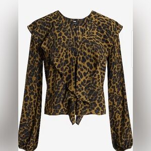 Leopard Print Top with Ruffles, Long Sleeve, Small